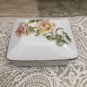 VINTAGE Chase Japan Porcelain Trinket Box, Roses Design, Gold Trim rectangle